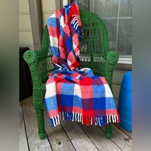 Vintage Faribo Fluff Loomed Wool Plaid Blanket Red White Blue USA 54 x 64 inches